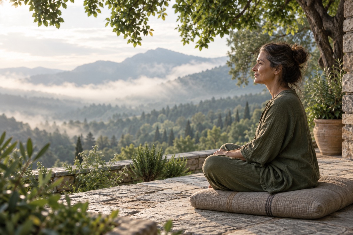 Illustration of a quiet mountain terrace, with a person sitting in reflection