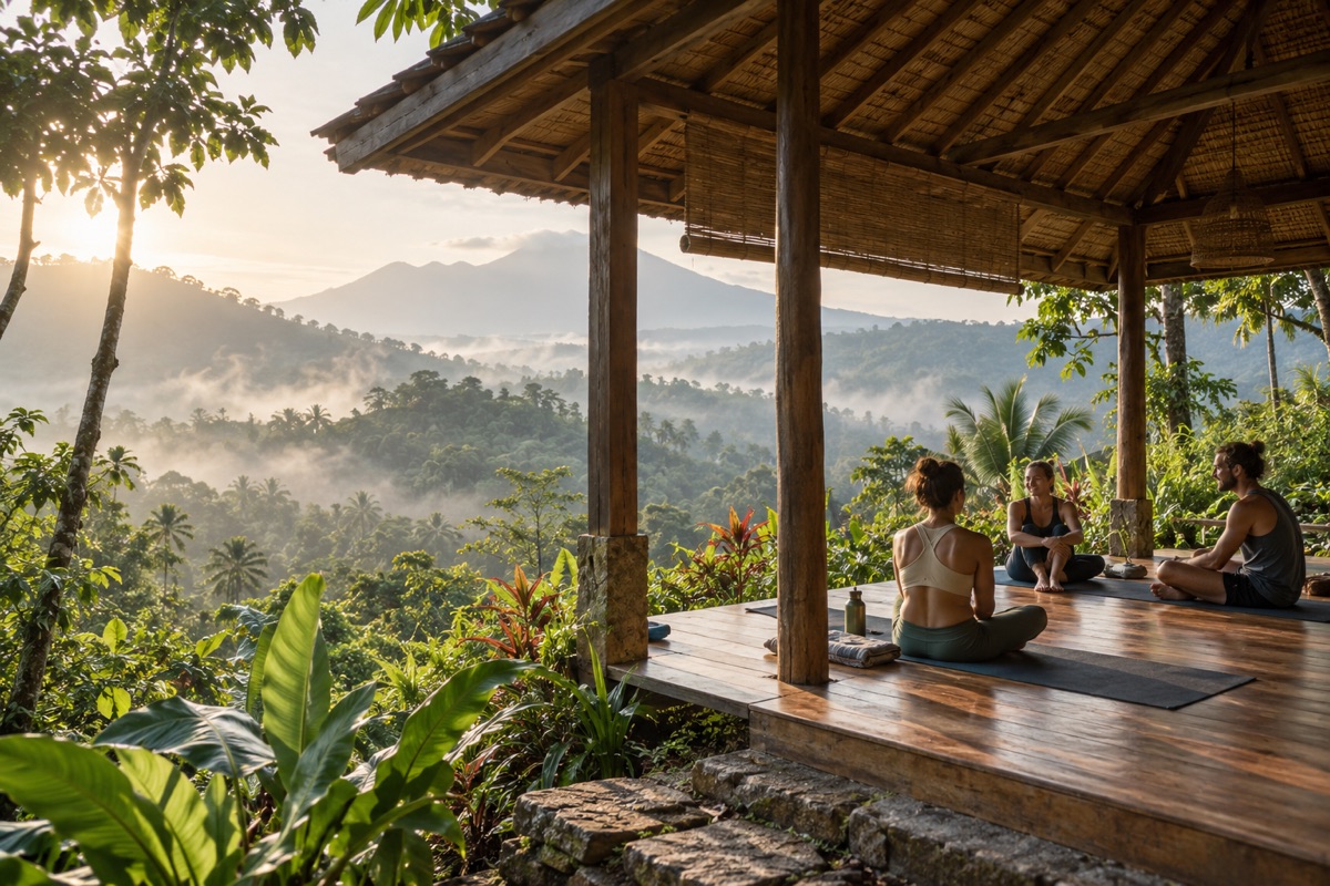 Illustrative open retreat space surrounded by greenery